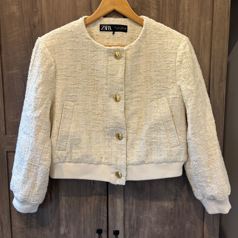 Zara Large Cream Textured Boucle Bomber Jacket Gold Buttons Ecru Tweed Style